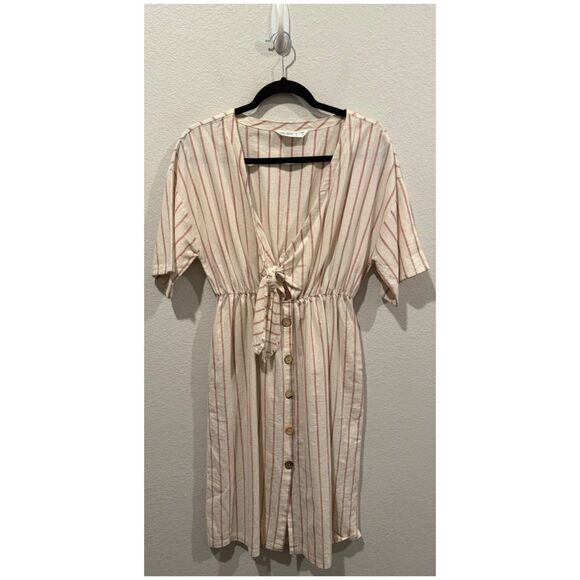 ZARA Linen Blend Striped Knotted Short Sleeve Mini Dress - Picture 2 of 5